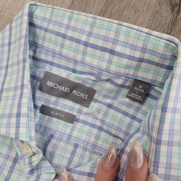 Michael Kors Men's Slim Fit Checkered Button-Up Shirt fall Size large 32/33 16 - Picture 4 of 5